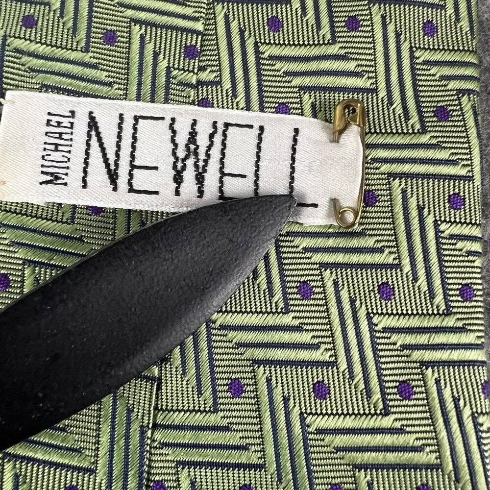 Michael Newell Mens Tie Green Purple Geometric Zig Zag Polka Dot Silk Neckwear